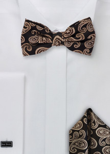 Set: Herrenfliege und Kavaliertuch Paisleymotiv schwarz und beige