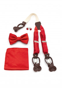 Set: Hosenträger, Fliege, Einstecktuch und Manschetten-Knöpfe rot