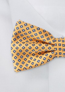 Fliege in Gelb mit Muster in Blau und Weiß Nahaufnahme