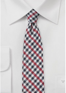 Krawatte Vichy-Karo marineblau rot perlmuttfarben